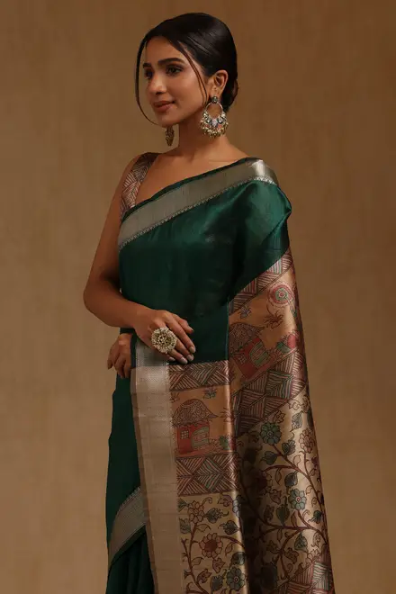 Green Tussar Floral Printed Saree